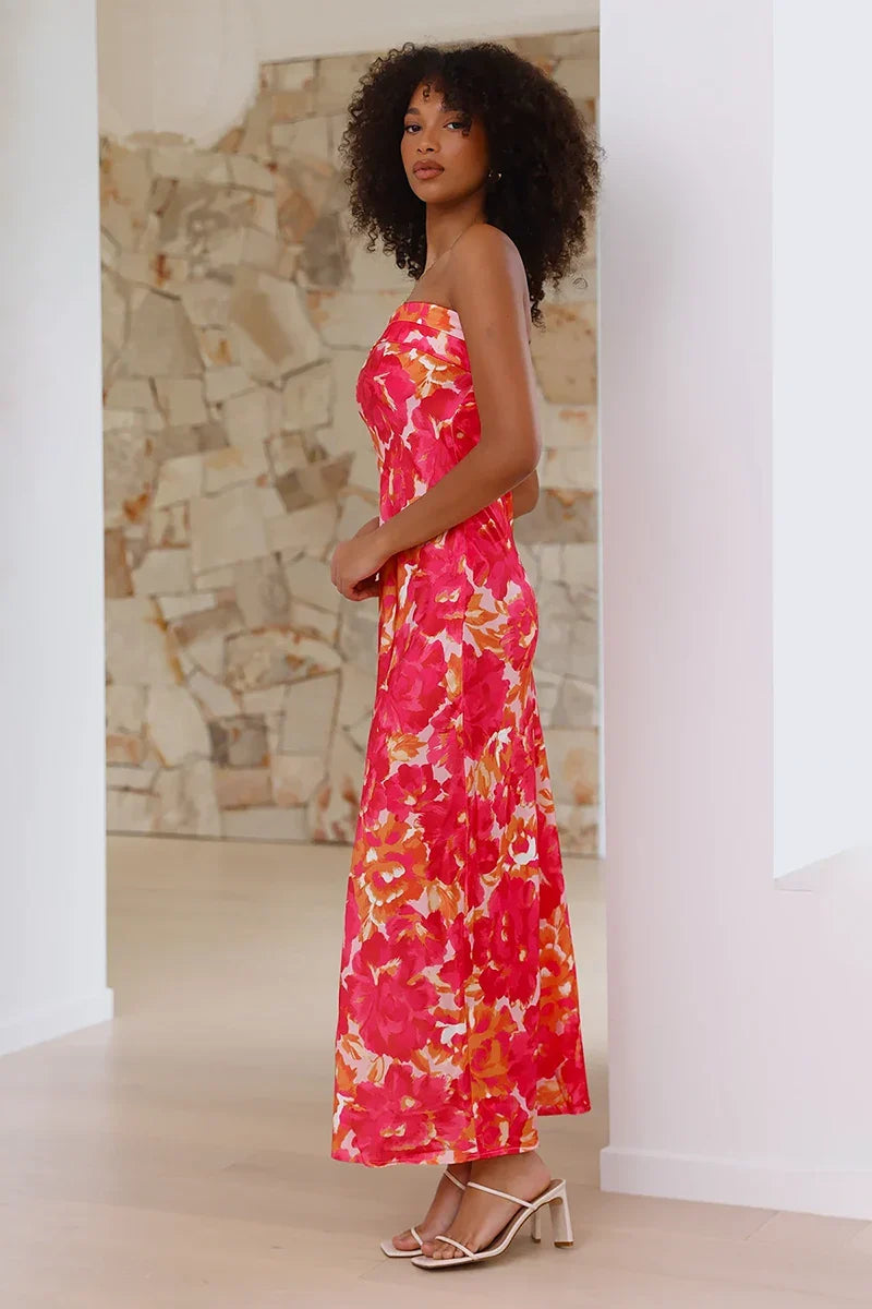 Vestido largo Miya con estampado floral rosa y rojo