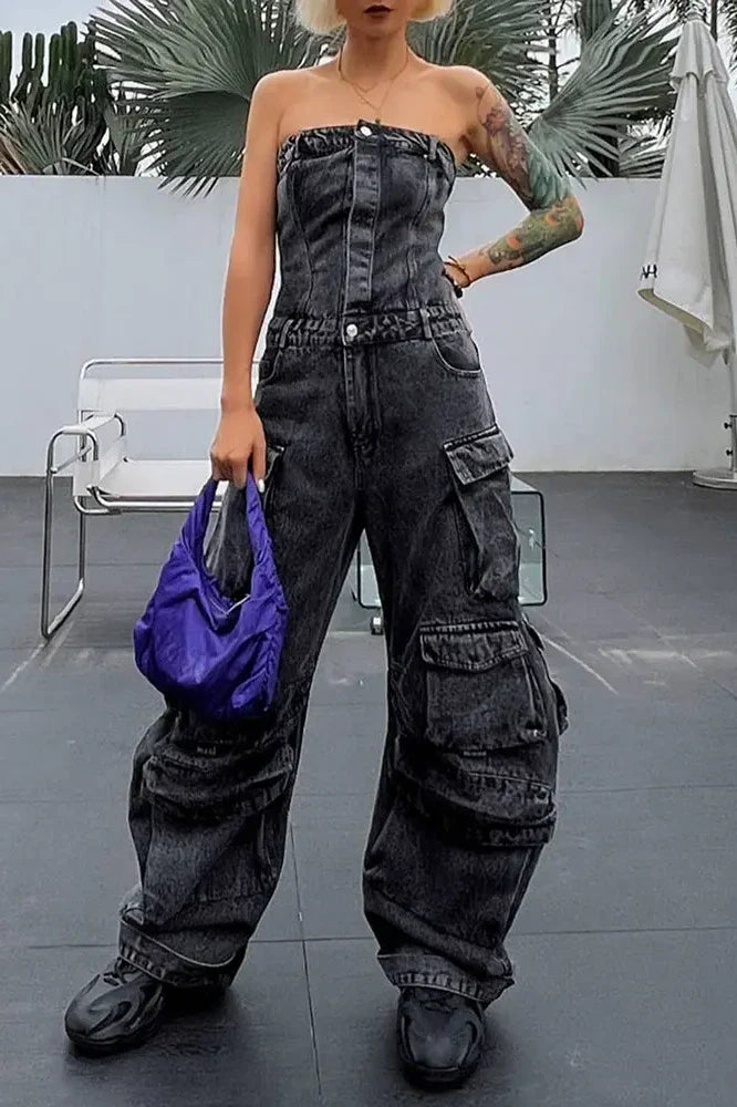 Salopetă din denim fără bretele, stil urban