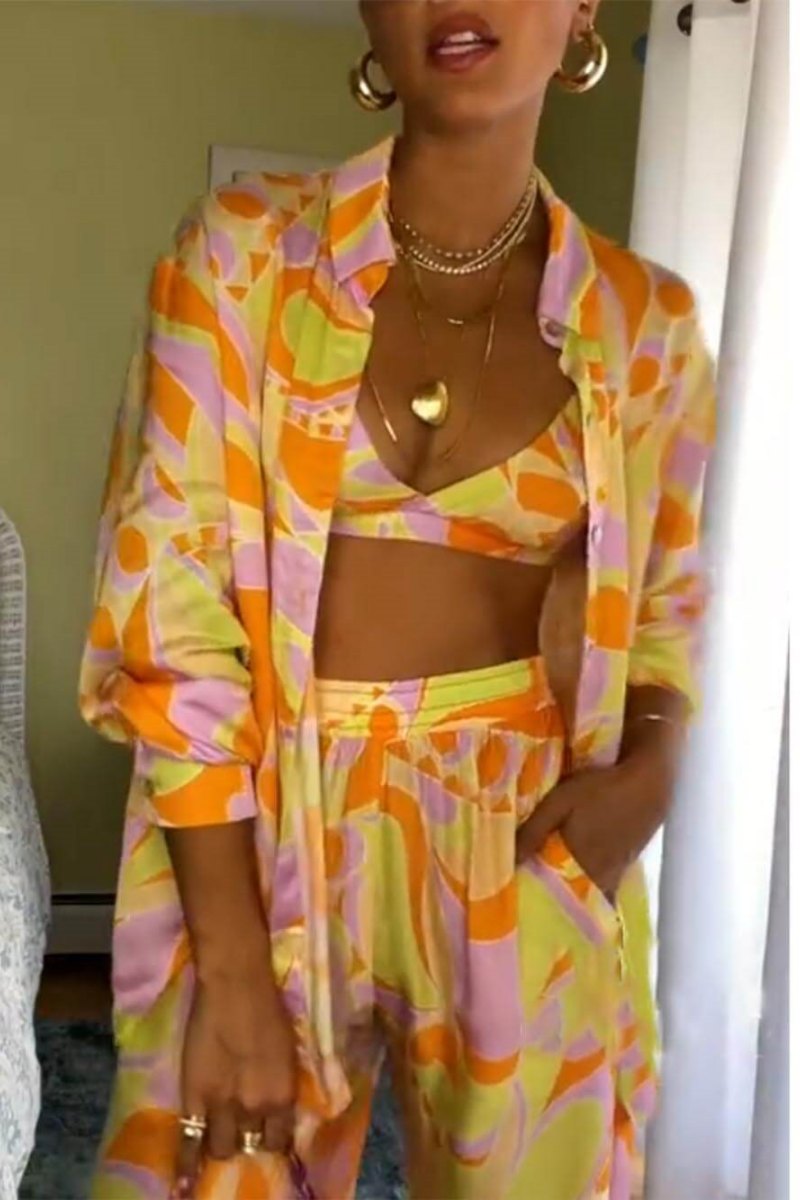 क्लासिक प्रिंट ढीली कमर इलास्टिक पॉकेट पैंट-सेट