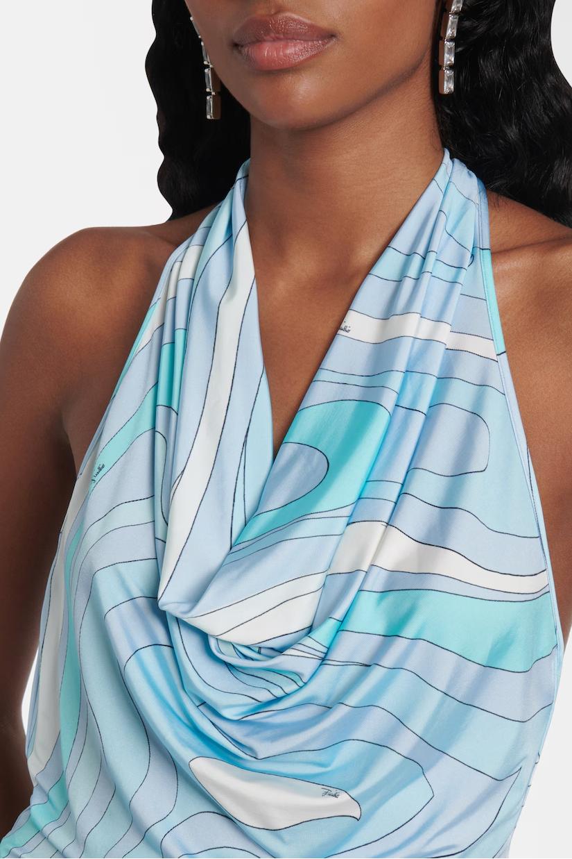 Aqua Marmo Halterneck Satin Jersey Maxi Dress