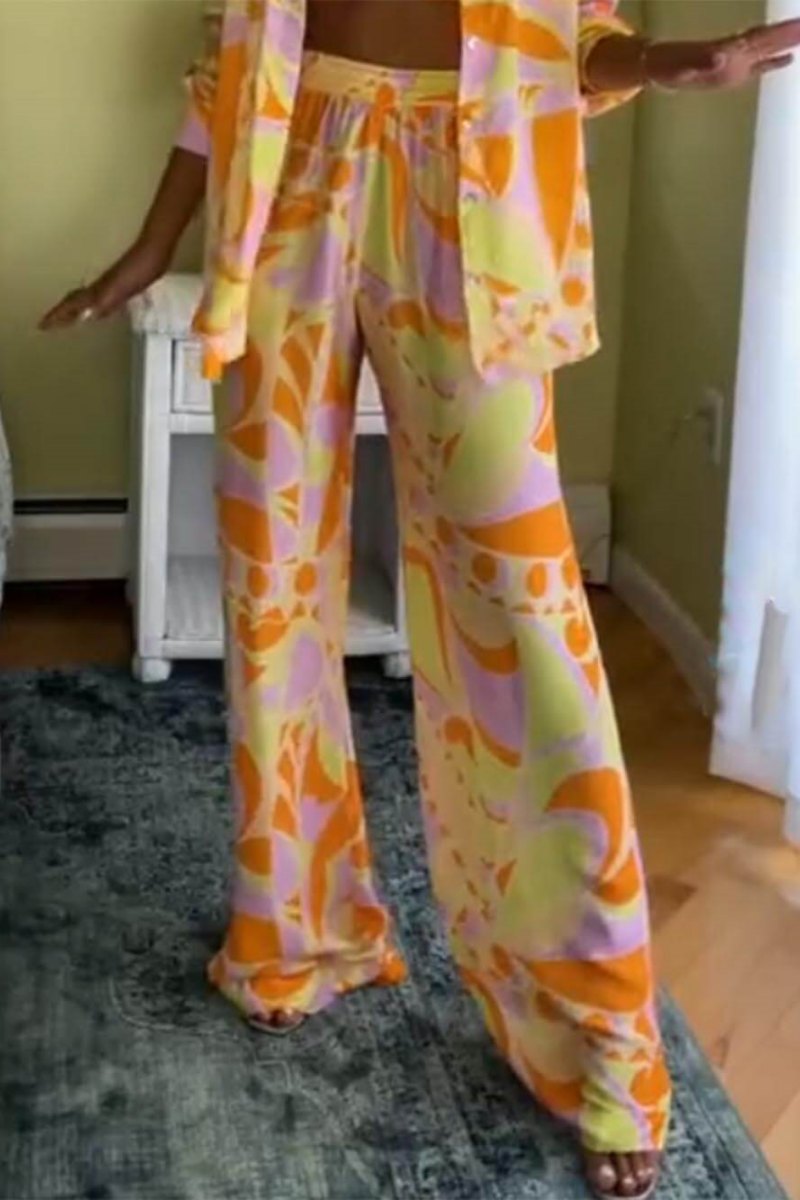 क्लासिक प्रिंट ढीली कमर इलास्टिक पॉकेट पैंट-सेट