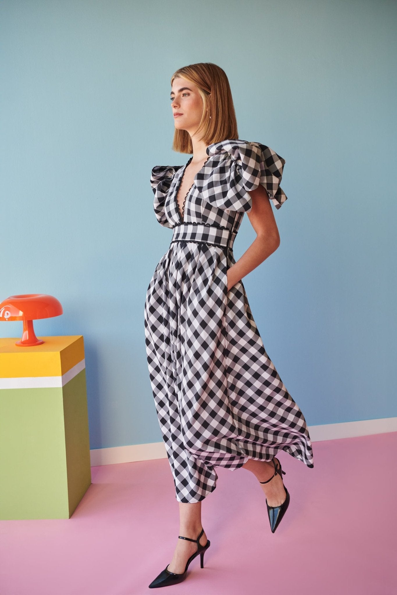 Soveshi Puff Sleeve Black and White Plaid Maxi Dress