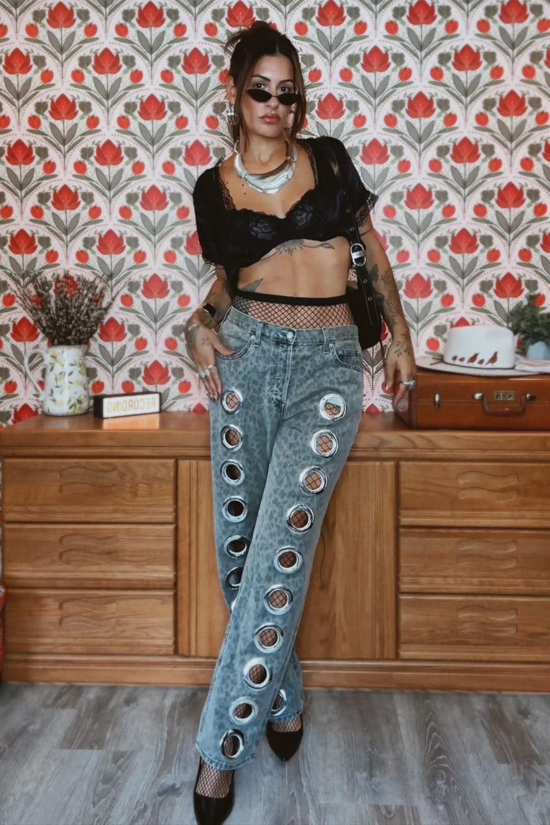 Leopard Print Eyelet Jeans