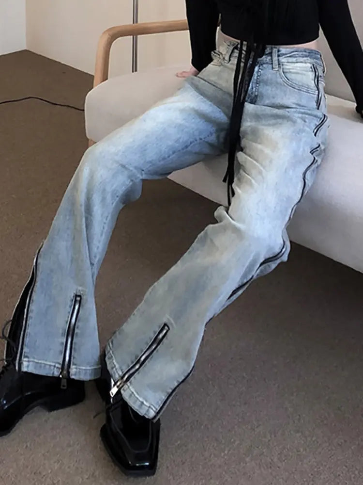 Streetwear Flare Jeans mat Reissverschloss