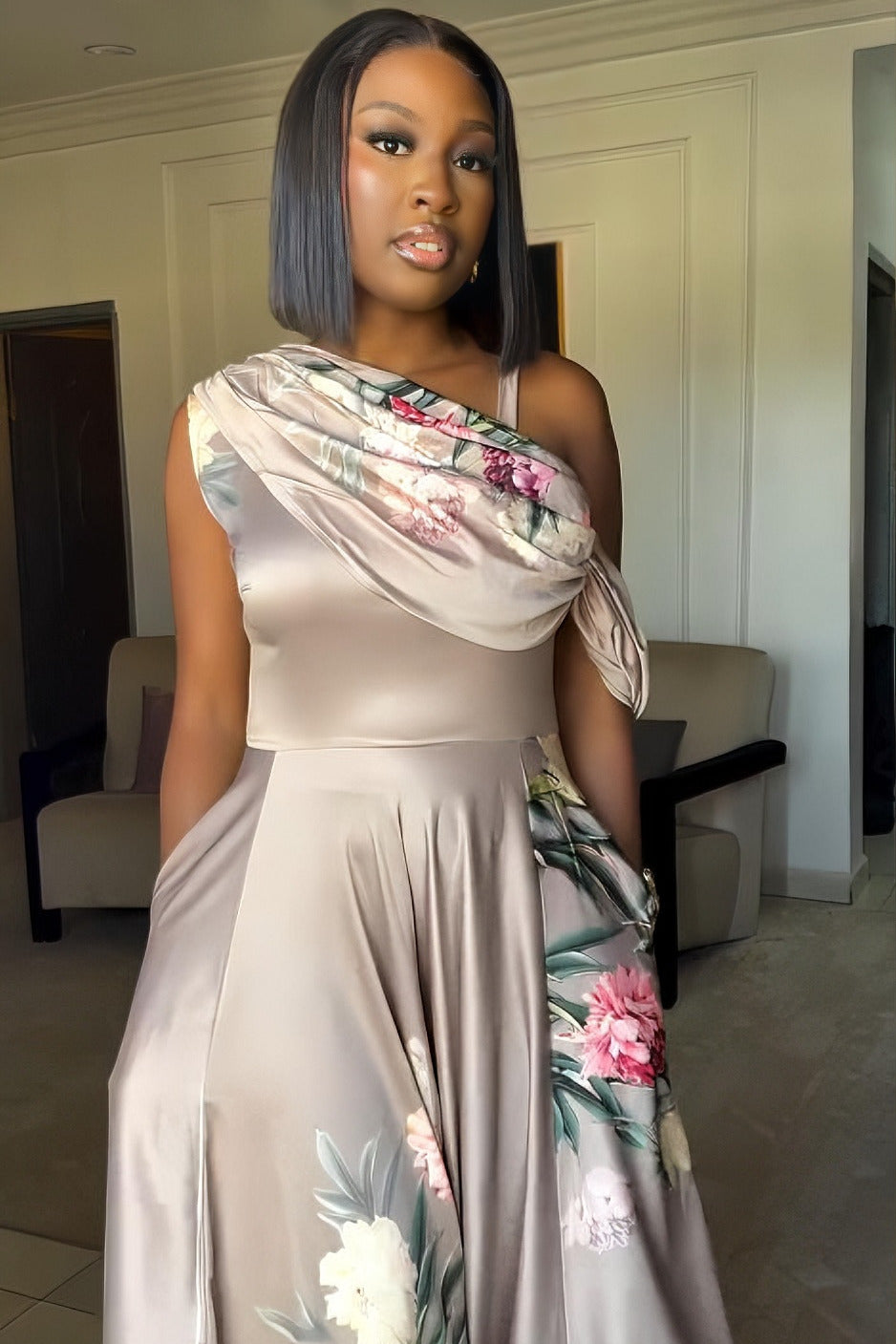 Elegant Floral Satin Off-Shoulder Maxi Dress