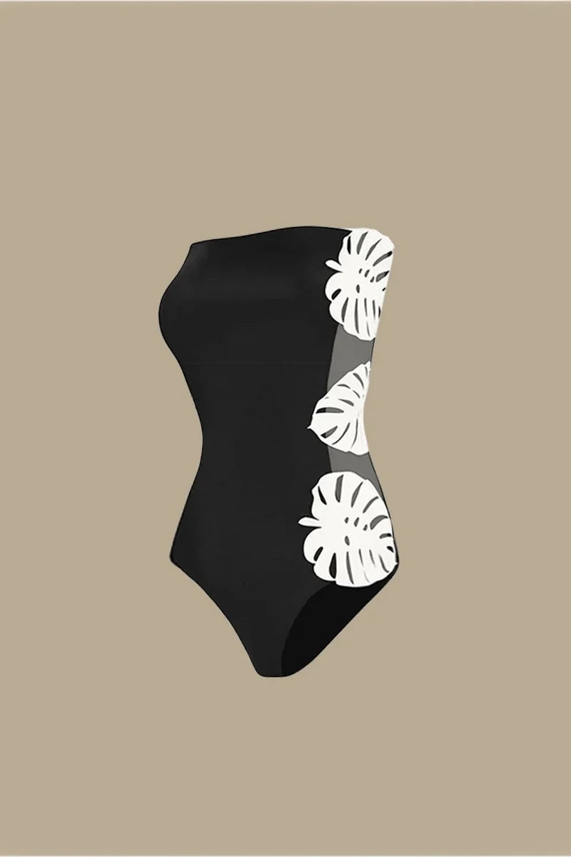 Leaf Patchwork Cutout Strapless Swimsuit