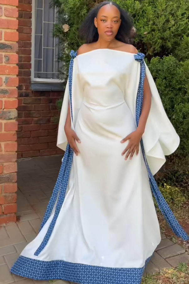 White-Blue Cape Maxi Dress