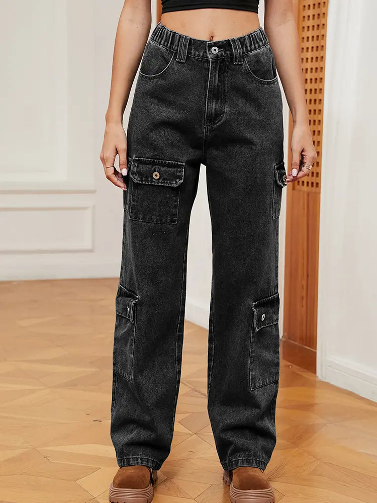 Gëwäschten hallef-elasteschen Denim Cargo Boxejangen