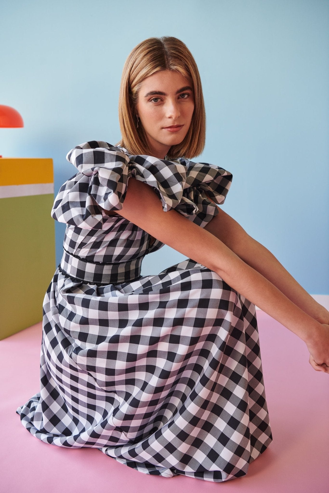 Soveshi Puff Sleeve Black and White Plaid Maxi Dress