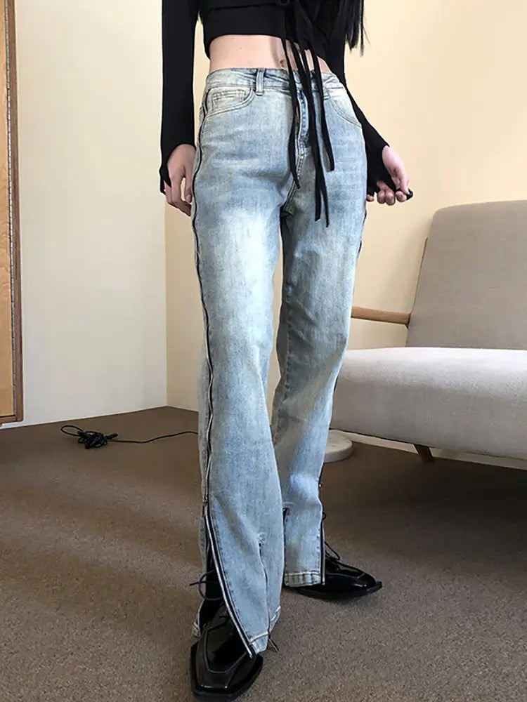 Streetwear Flare Jeans mat Reissverschloss