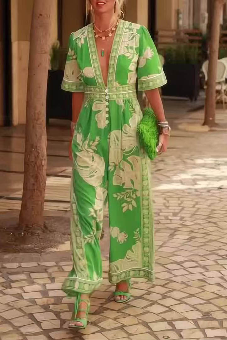 Stylish V-Neck Printed Jumpsuit