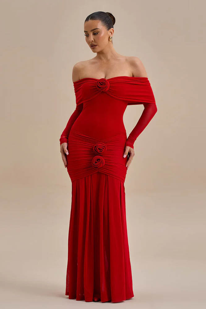 Off-Shoulder 3D Floral Bodycon Maxi Dress Off-Shoulder 3D Floral Bodycon Maxi Dress