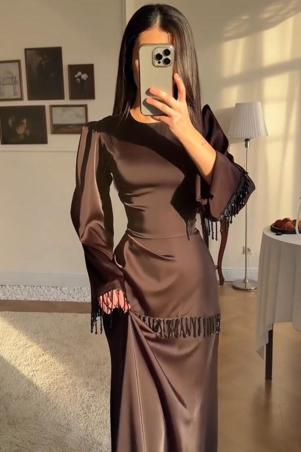 Elegant Fringe Accents Satin Maxi Dress