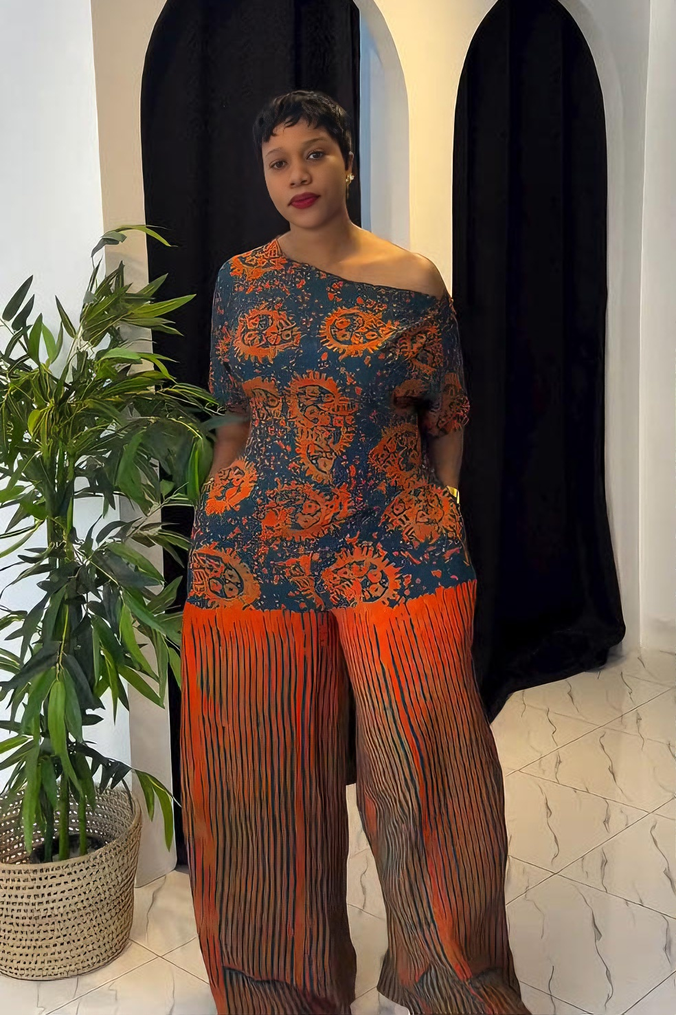 Sunset Ankara Tie-Waist Palazzo Jumpsuit
