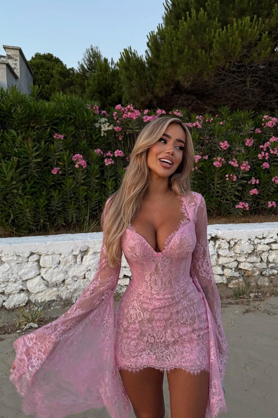 Whispers of Blush Lace Bell-Sleeve Mini Dress