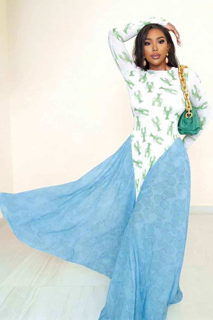 Rochie maxi vaporoasă cu imprimeu distractiv cu homar