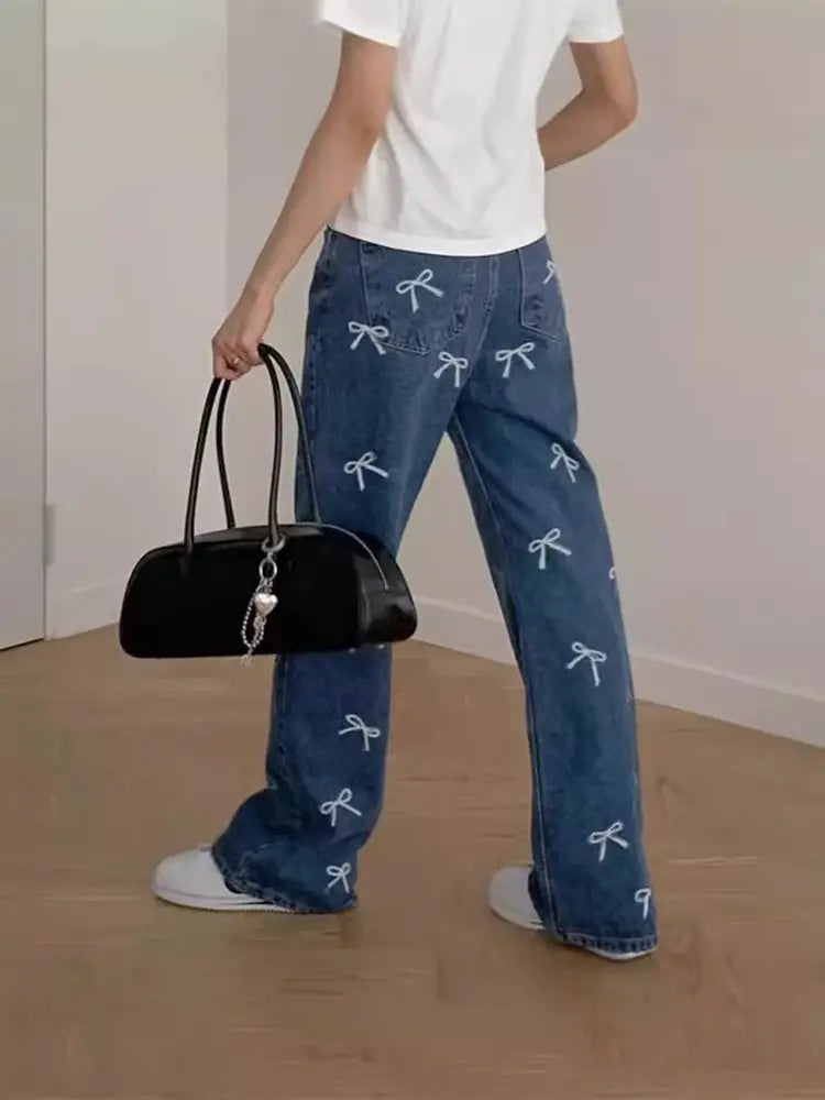 Fiyonk Baskılı Denim Pantolon