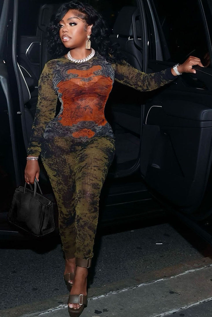 Edgy barokk kamuflasje gjennomsiktig jumpsuit