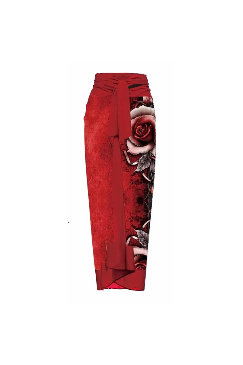 3D Red Floral Print One-Piece Swimsuit Set