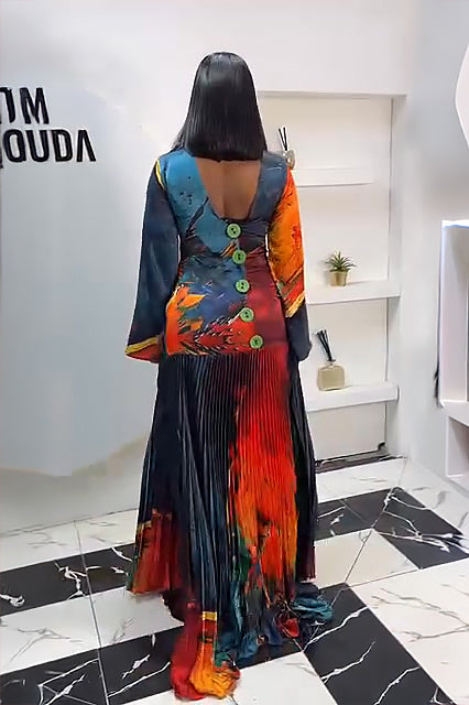 Artistic Print Deep V Pleated Maxi Dress