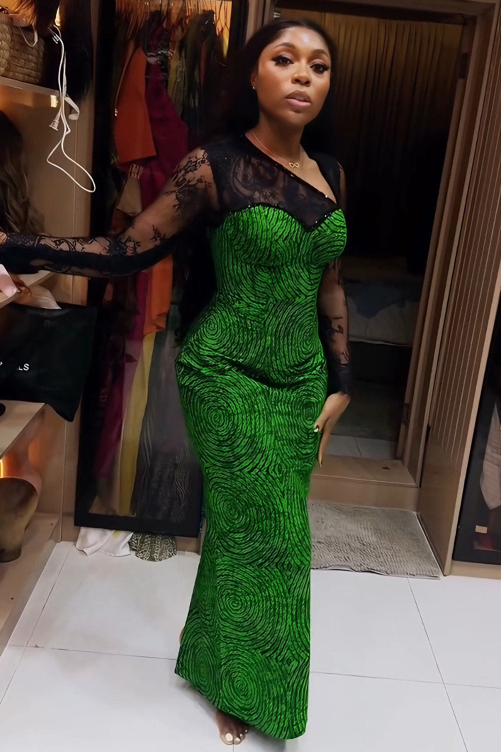 Sheer Sleeve Color-Block Maxi Dress