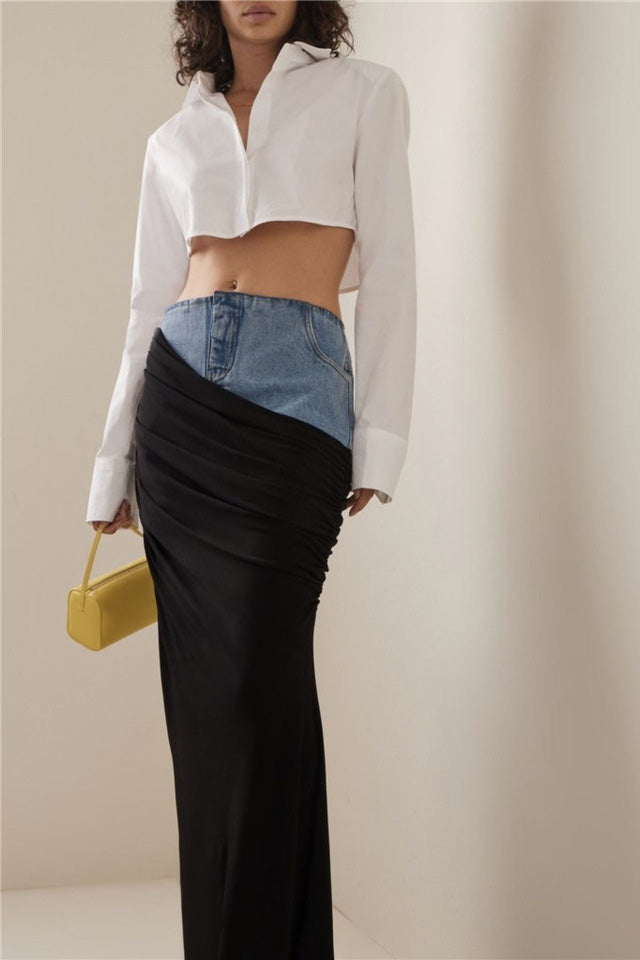 Siyah Kıvrımlı Kot Etek