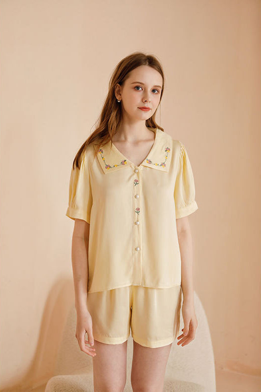 Set de lenjerie de dormit cu broderie trandafir din satin