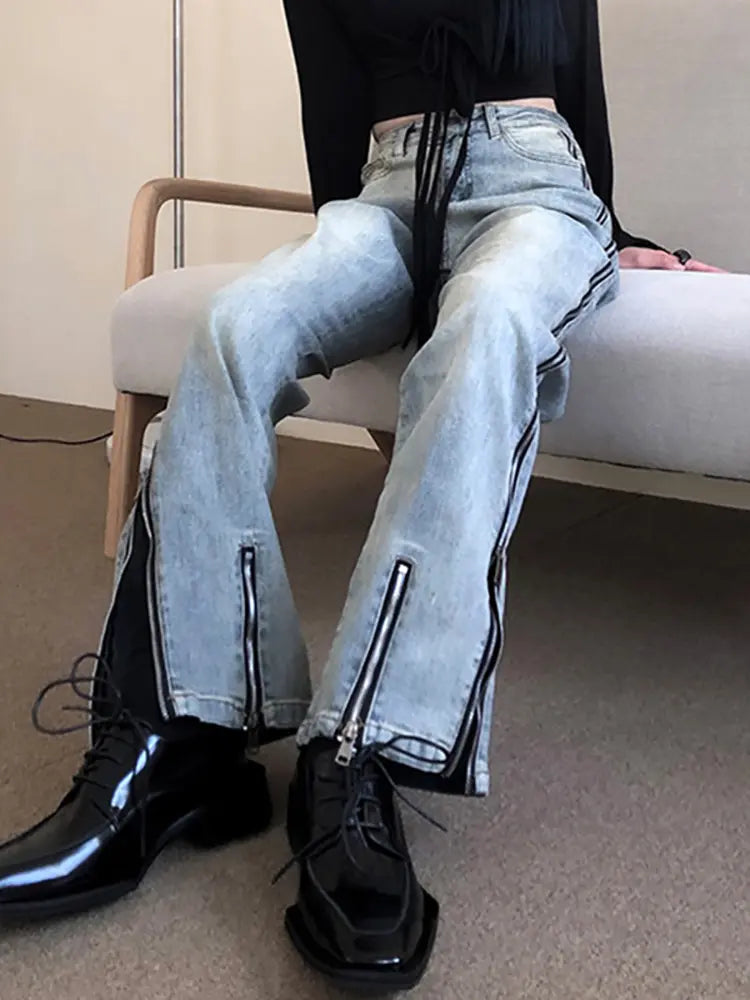 Streetwear Flare Jeans mat Reissverschloss