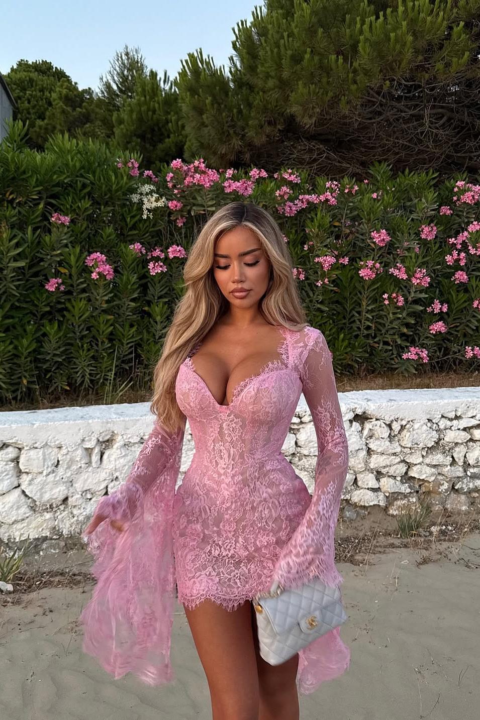 Whispers of Blush Lace Bell-Sleeve Mini Dress