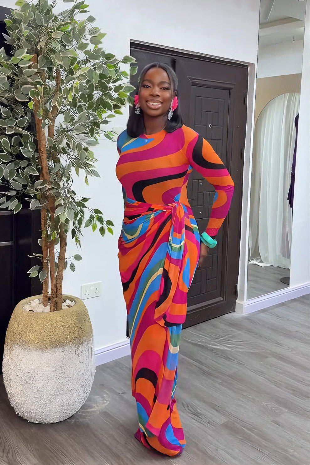 Energetic Swirl Sheer Long-Sleeve Maxi Dress