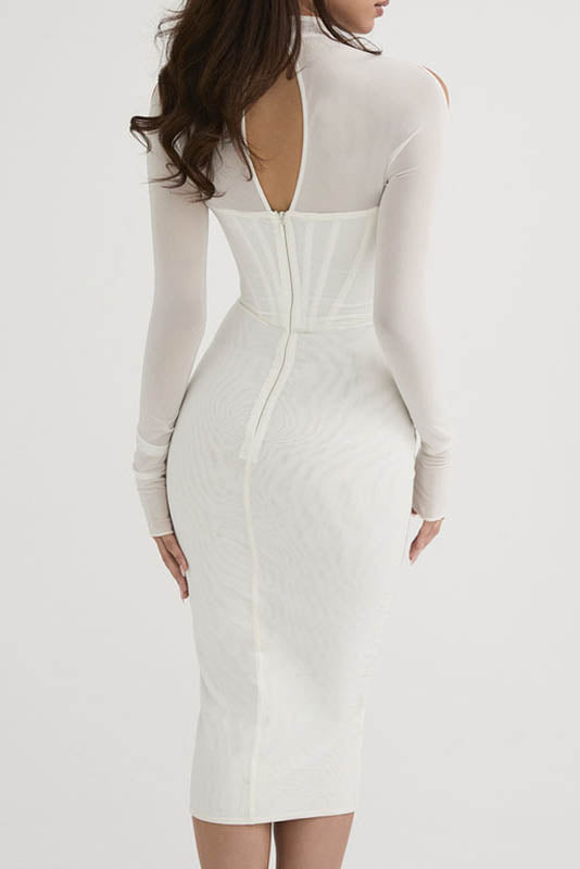 Trendy Mesh Long Sleeve Baddie Midi Dress