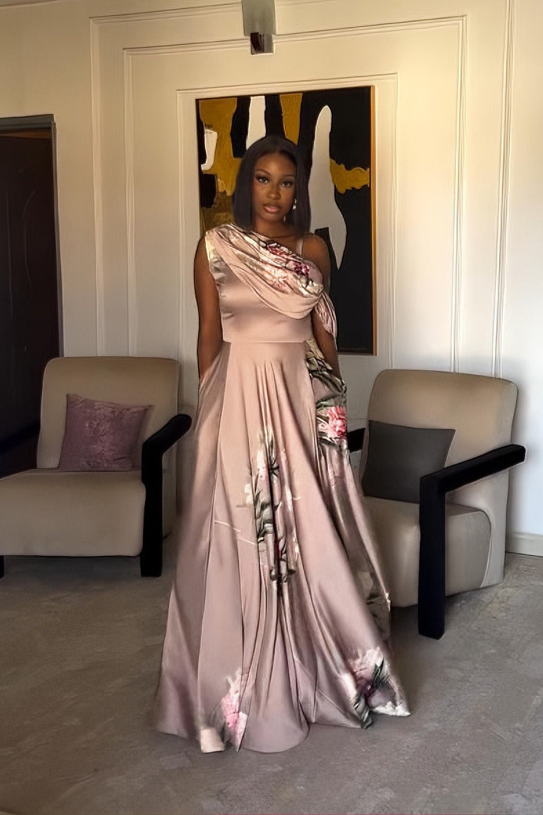 Elegant Floral Satin Off-Shoulder Maxi Dress