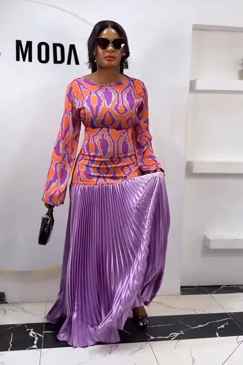 Retro Orange-Purple Print Backless Maxi Dress