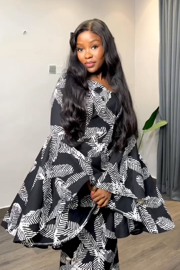 Black-White Feather Bell-Sleeve Maxi Dress