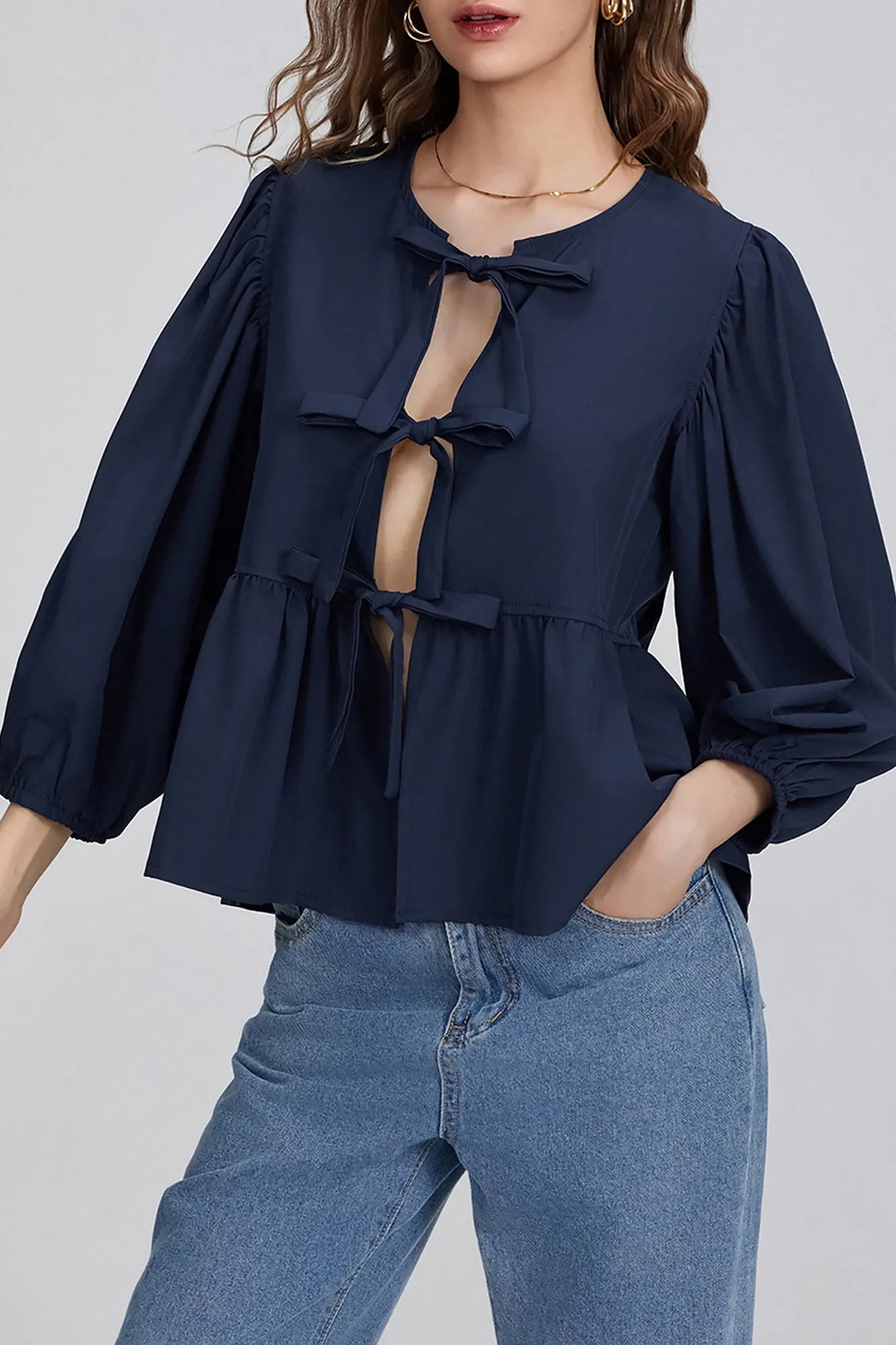 Top bluză cu papion peplum cu mâneci bufante