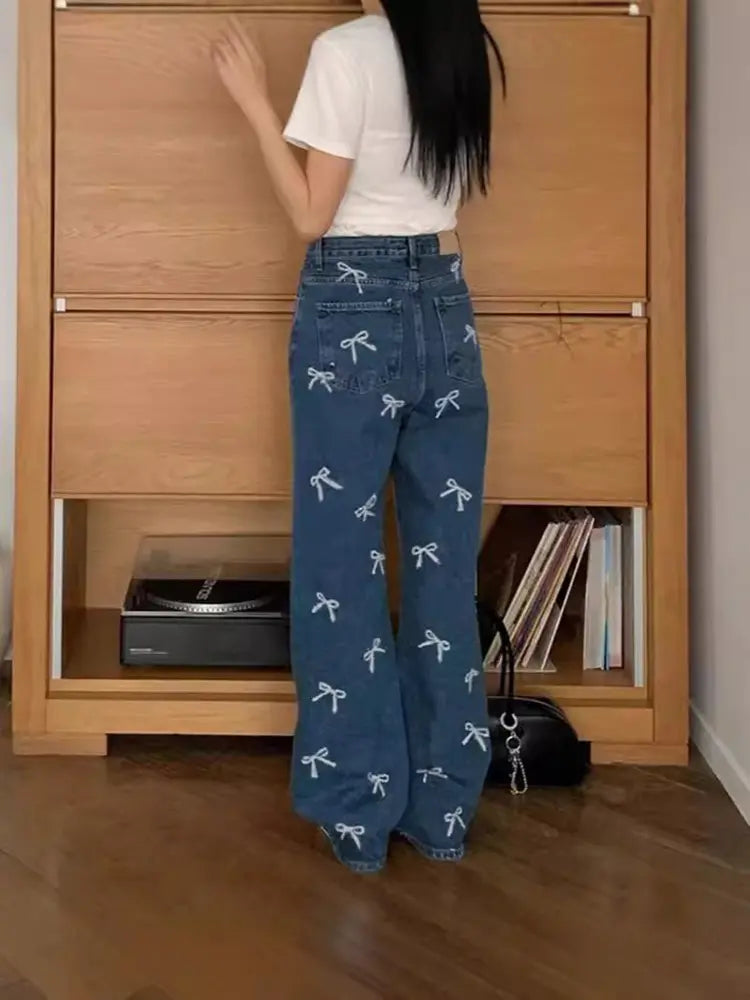 Fiyonk Baskılı Denim Pantolon