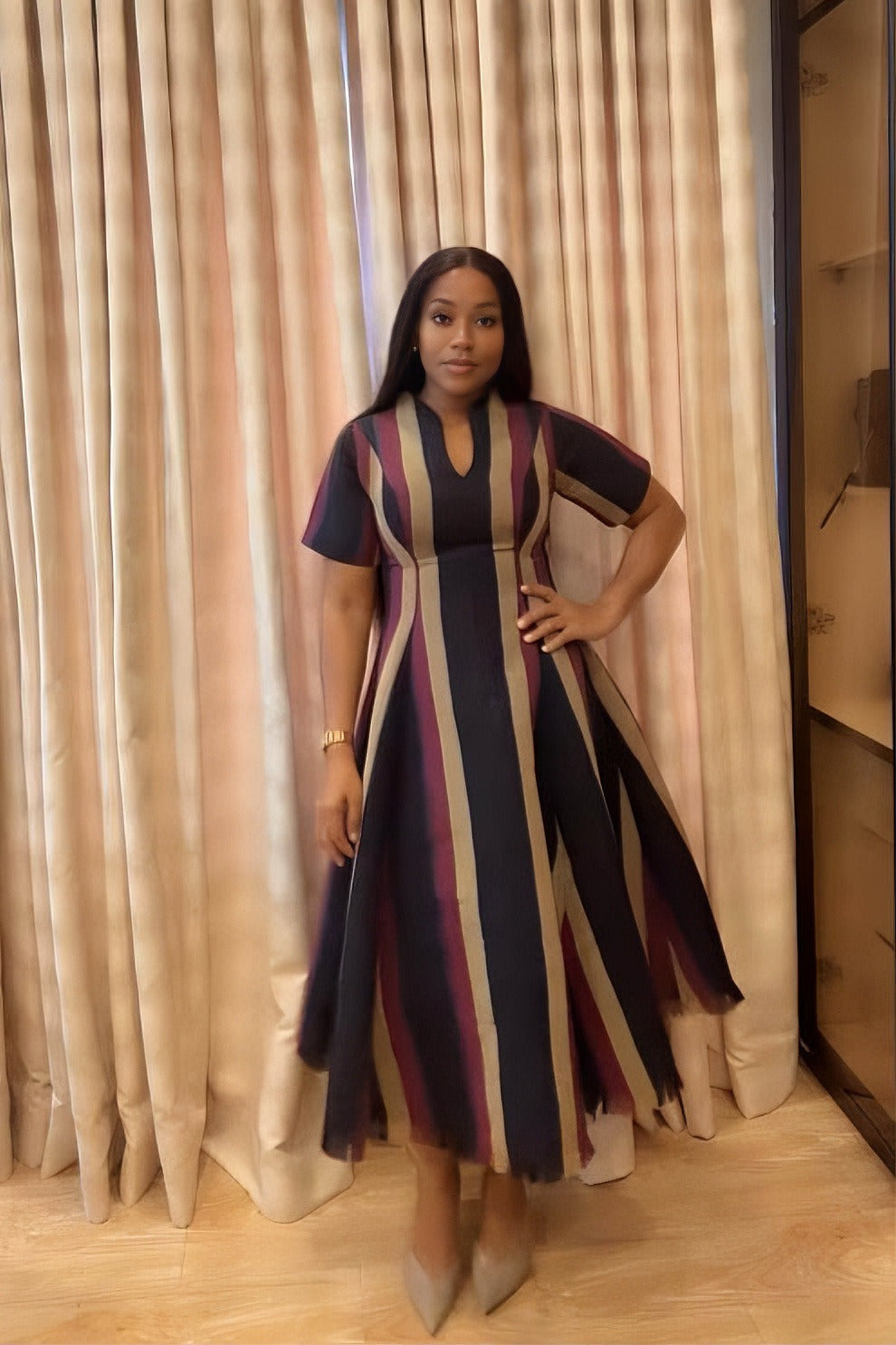 Striped V-Neck Structured Maxi Dress