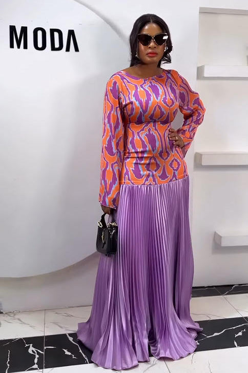 Retro Orange-Purple Print Backless Maxi Dress