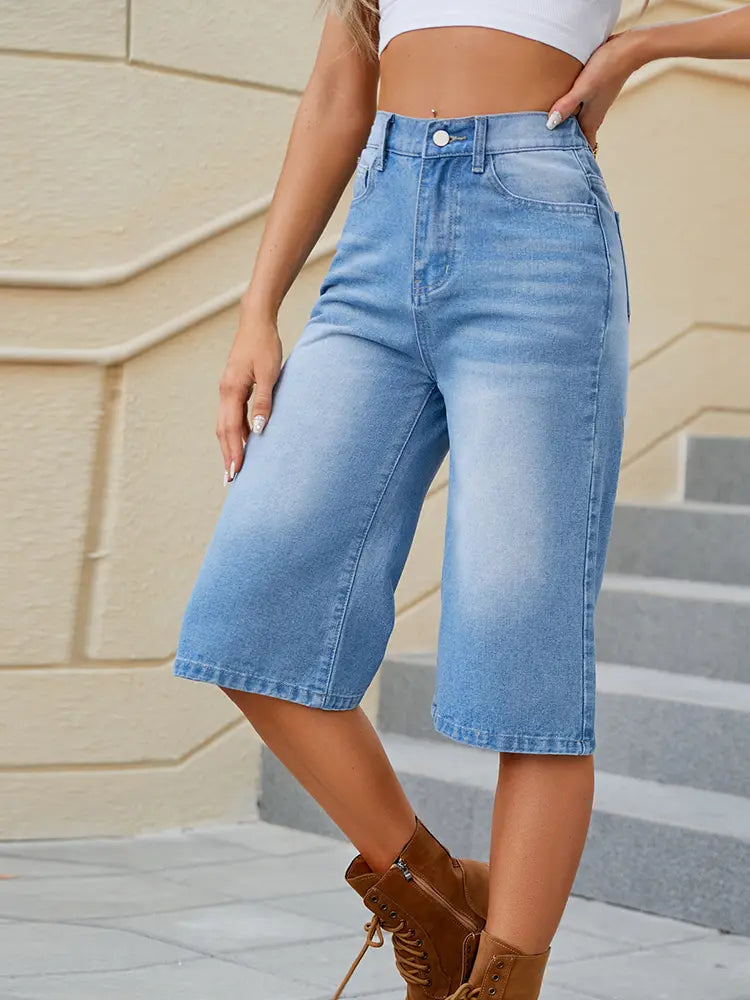Vaskede elastiske denim capribukser