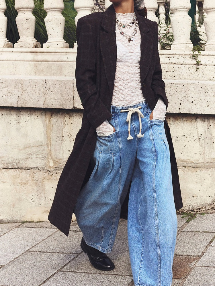 Drawstring Low-Rise Straight Jeans