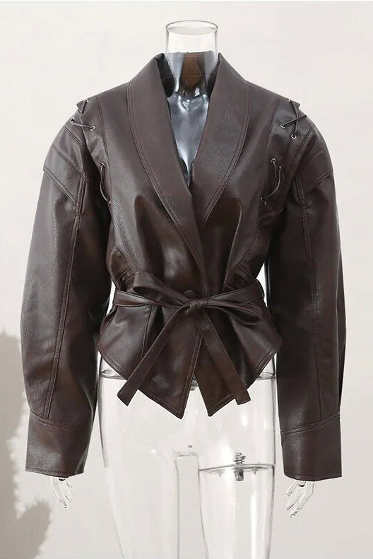 Street-Style High-Gloss Lace-up Leather Jacket