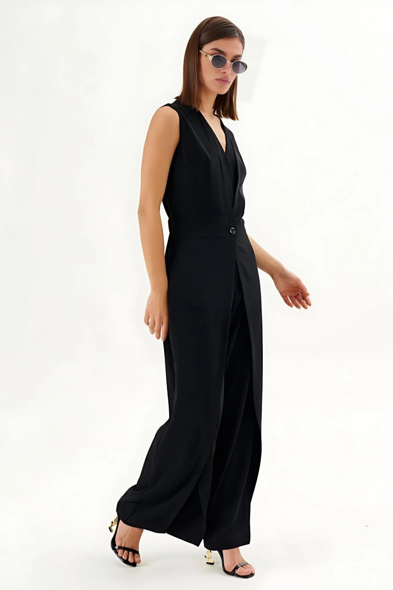 Black Sleeveless Wrap-Effect Wide-Leg Jumpsuit