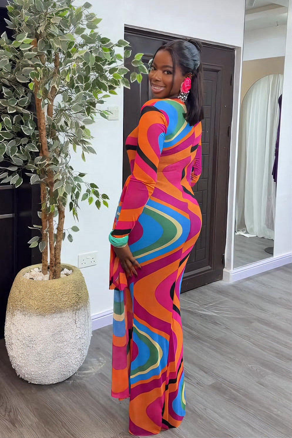 Energetic Swirl Sheer Long-Sleeve Maxi Dress