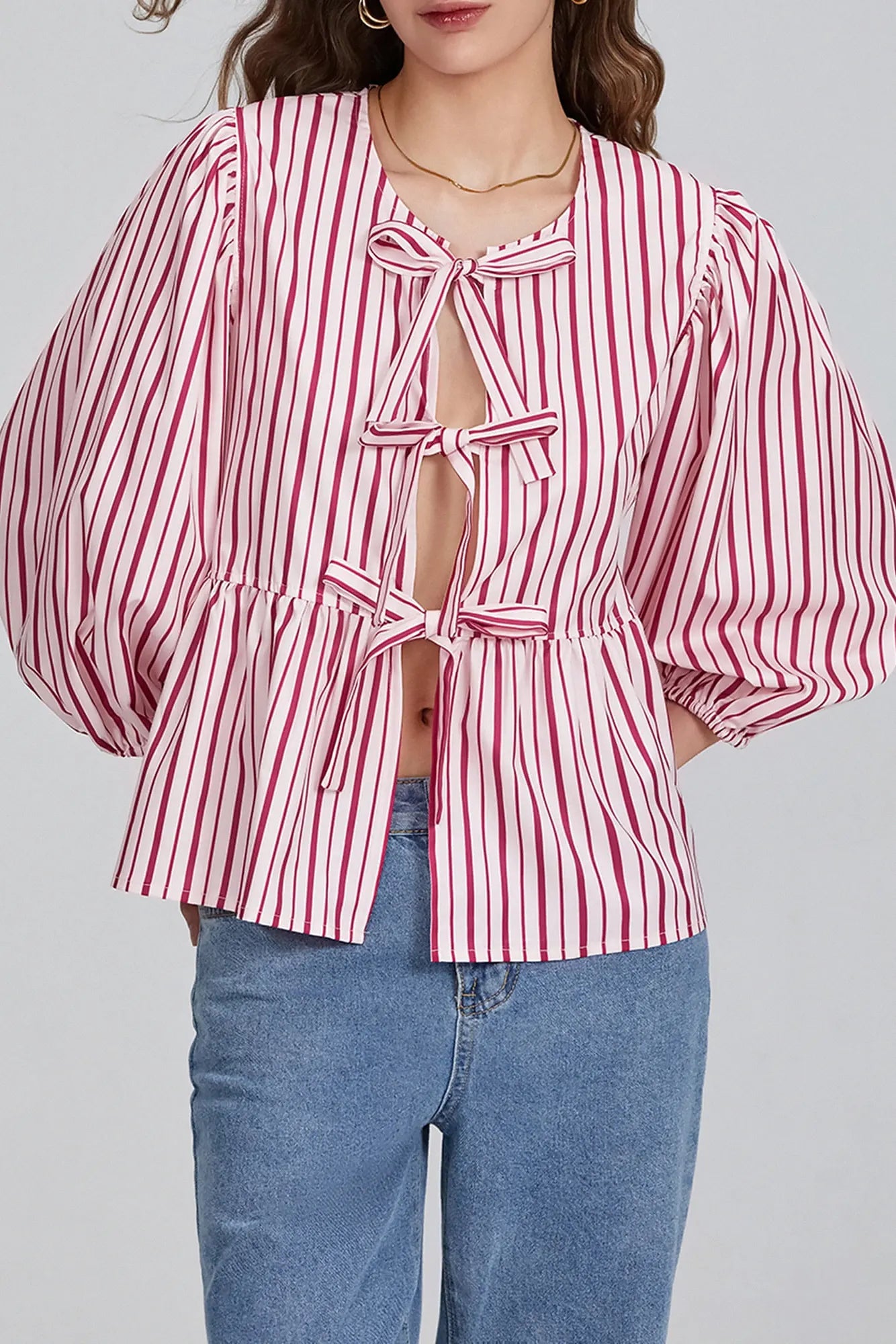 Top bluză cu papion peplum cu mâneci bufante