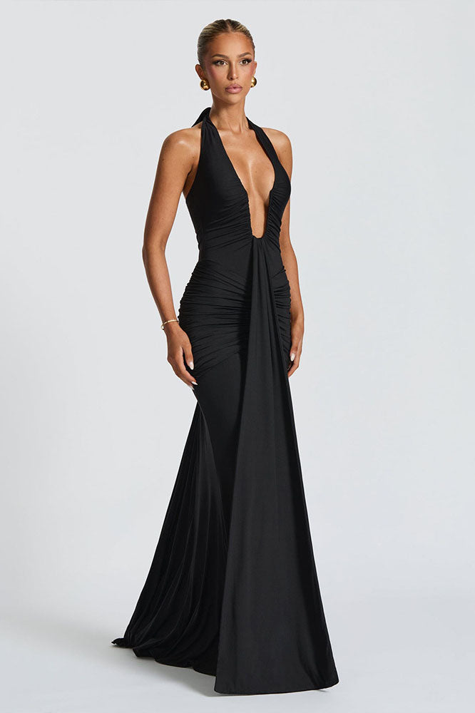 3D Flower Backless Satin Maxi Dress