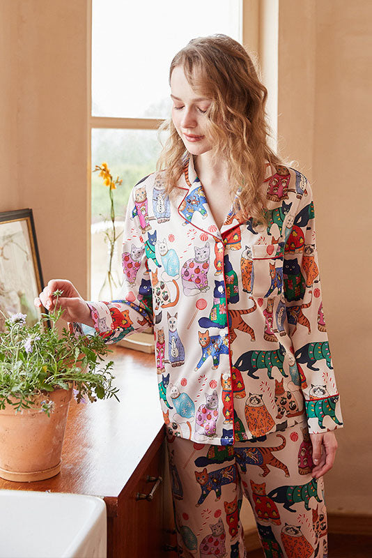 Söt katttryck is-silk långärmad pyjamasset