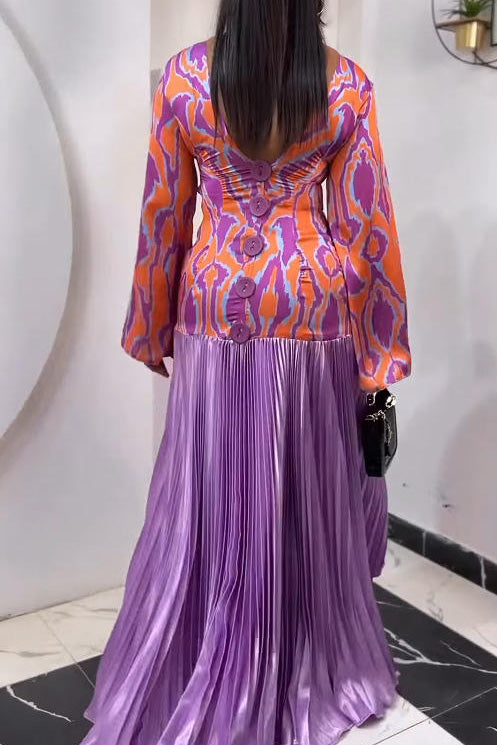 Retro Orange-Purple Print Backless Maxi Dress