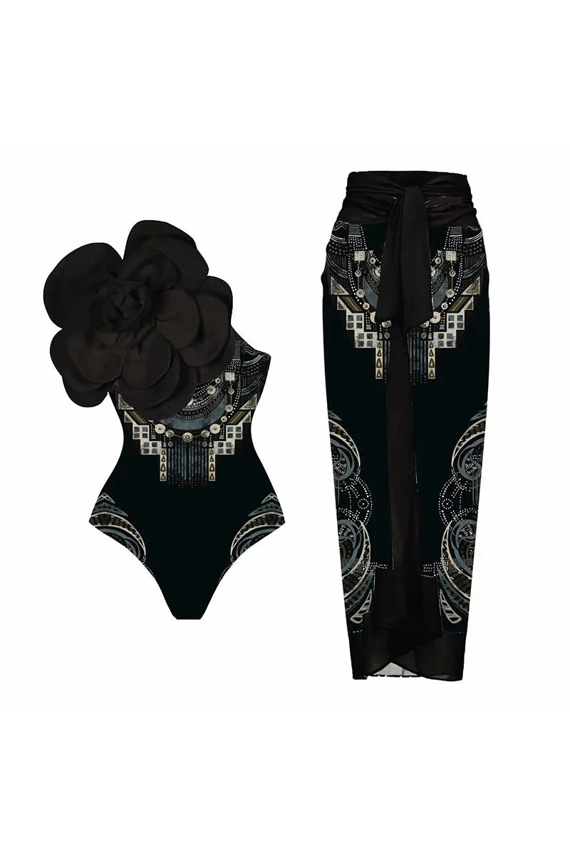 Floral Print One-Piece with 3D Black Flower