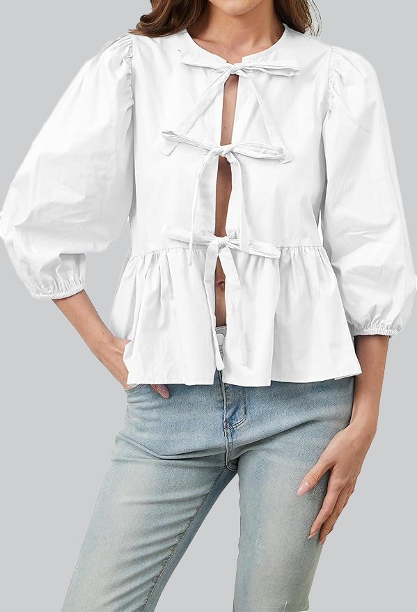 Top bluză cu papion peplum cu mâneci bufante
