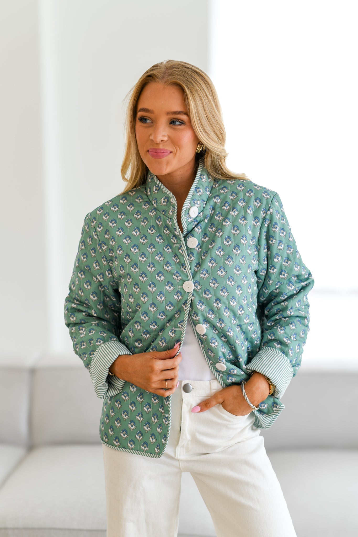 Tiffany tryckt Quiltad jacka-Teal Green